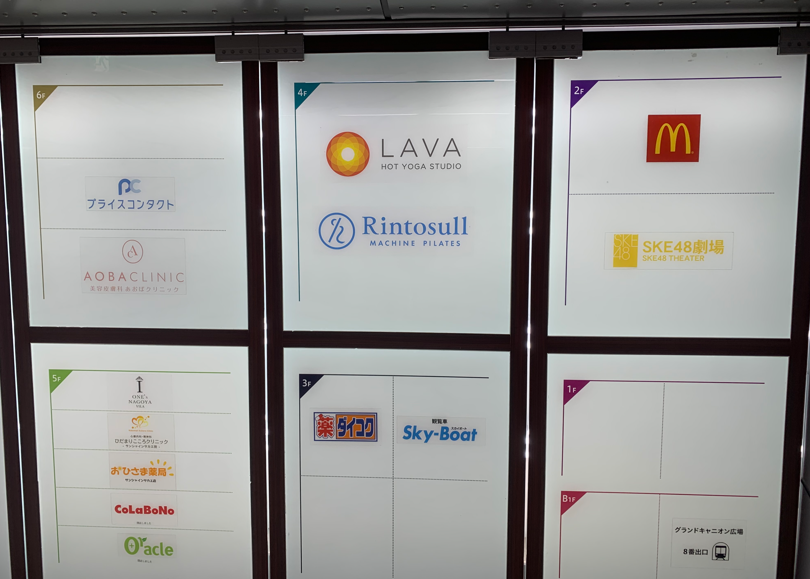 ホットヨガLAVA栄店|サンシャインサカエ4階エレベーター前に掲示されたテナント案内看板